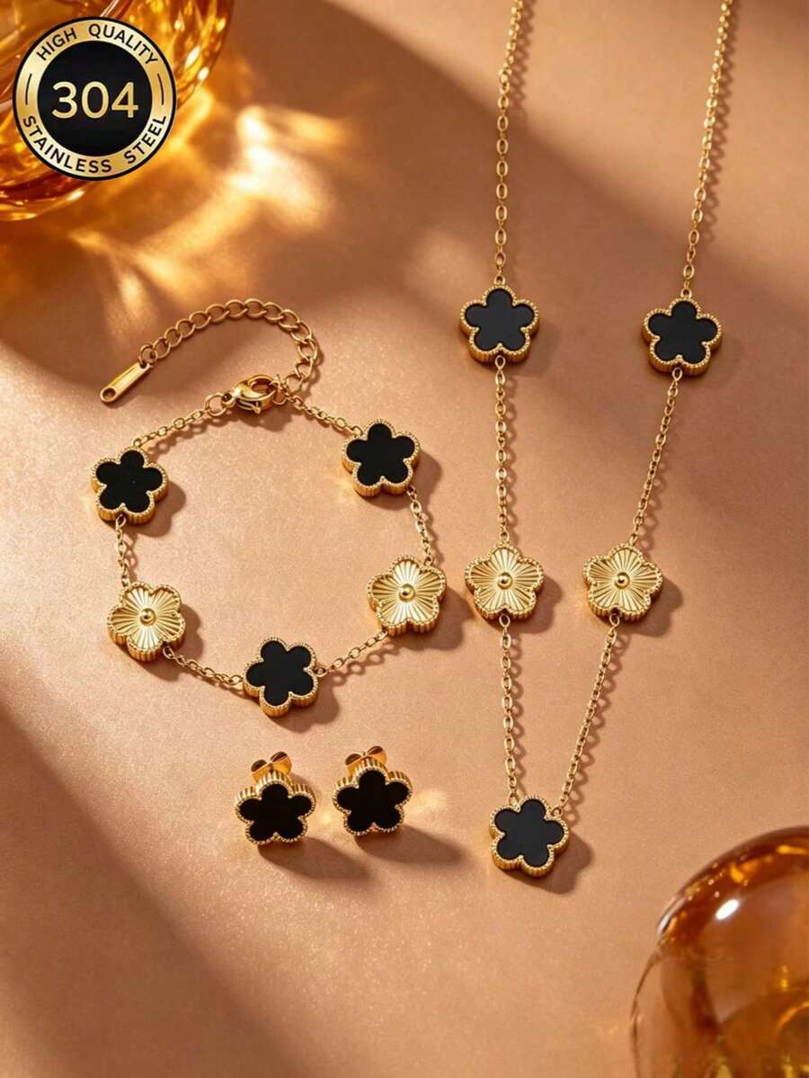 熱銷 18K 鍍金不鏽鋼女款珠寶套組，高品質三葉草琺瑯項鍊、手鍊與耳環，適合女性日常配戴、派對、生日禮物