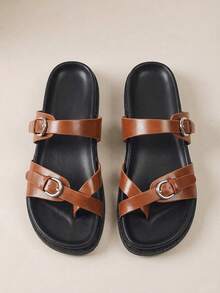 HighSole Ladies Spring And Summer Brown Casual Simple Two-Word Buckle Home Outdoor Walk Comfortable Flat Bottom Sandals - Brown - View 1