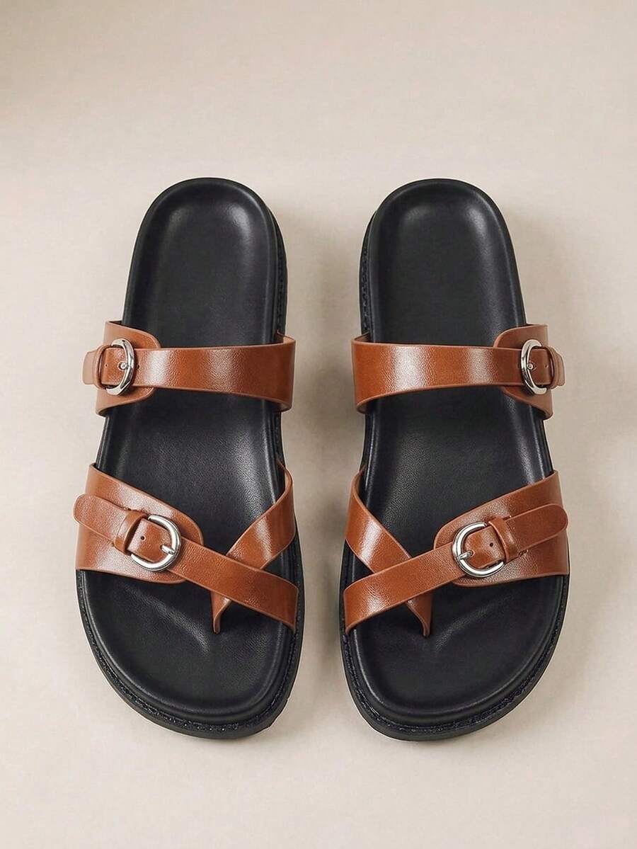 HighSole Ladies Spring And Summer Brown Casual Simple Two-Word Buckle Home Outdoor Walk Comfortable Flat Bottom Sandals - Brown - View 1