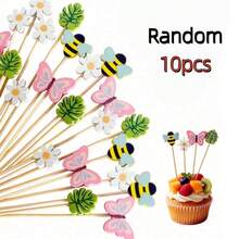 200pcs/100pcs/10pcs Assorted Animal & Floral Bamboo Skewers Fruit Forks, Tropical Cocktail Picks, Summer Pool Beach Cocktail Picks, Butterfly, Bee, Monstera Leaf, Daisy Pattern, Suitable For Appetizers, Food, Drinks - Multicolor - View 13