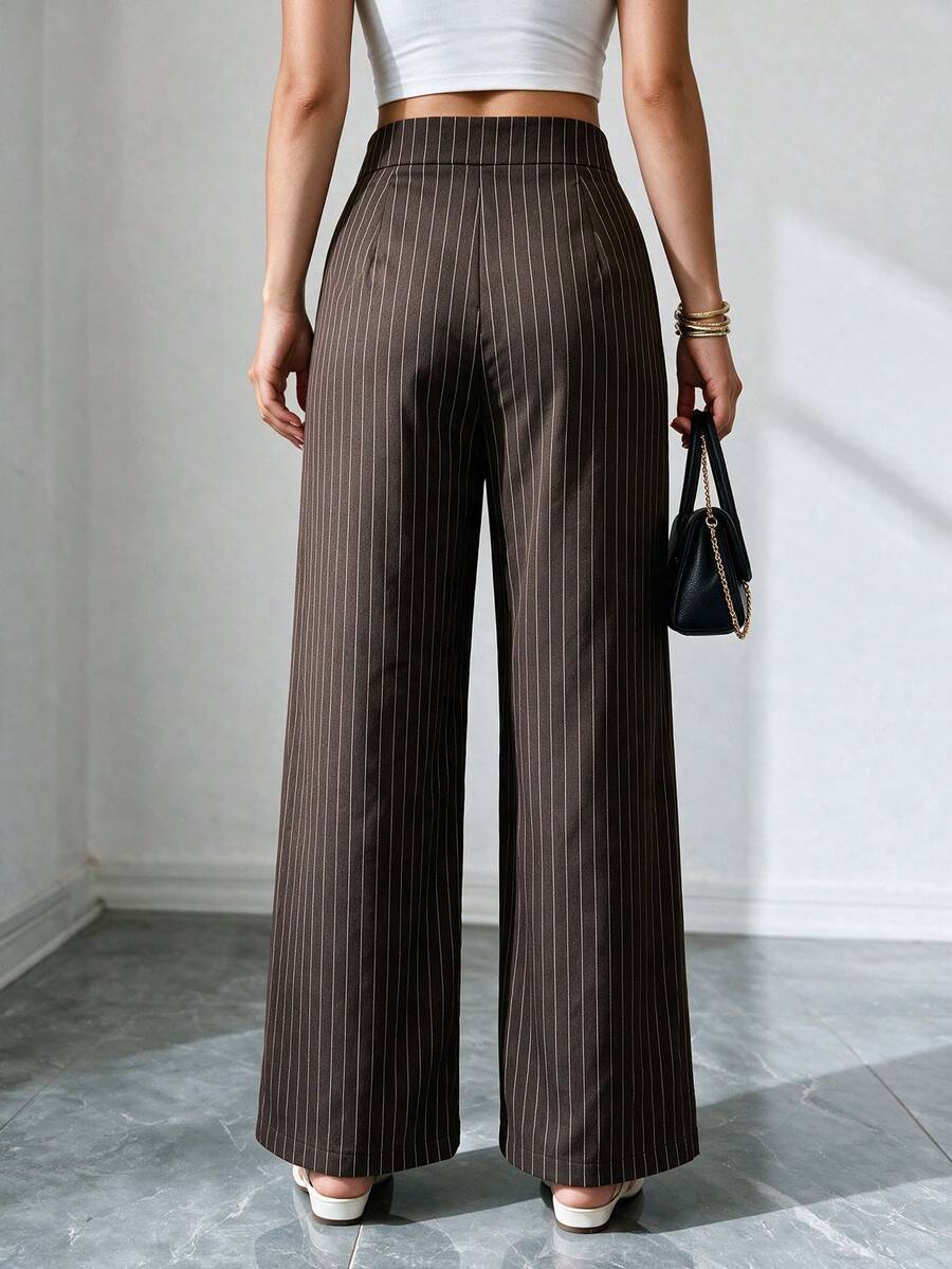 Women High‑Waist Striped Wide‑Leg Pants With Pockets, Golden Button Straight Suit Trousers, Versatile All‑Season For Commute Date Weekend Outings - Coffee Brown - View 1