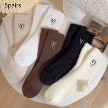 5 Pairs Heart Pattern Fluffy Women's Mid-Calf Socks, Knee-High Socks, Warm And Soft, Back To School Essential, Autumn/Winter Must-Have, Ideal Gift, Christmas Gift - Multicolor - View 7