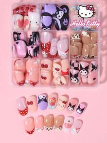 Sanrio Hello Kitty 216片(9款混色) Y2K 短橢圓法式穿戴甲，含 Hello Kitty & Kuromi 圖案、花朵、豹紋、愛心、星星、火焰、波點與海洋波浪圖案設計，適合壓克力假指甲套組，女孩日常派對使用 - 彩色 - 查看 3