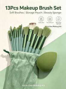 14pcs Makeup Brush Set, Includes 13 Individual Makeup Brushes, Suitable For Blush, Liquid Lipstick, Eyebrow Pencil, Lip Gloss, Concealer, Eyeshadow, Highlighter, Contour, Foundation And Base, Perfect Gift For Girls. - Green - View 13