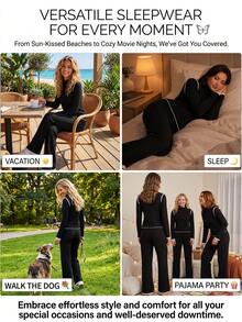 Women's Spring Autumn Winter Solid Color Ribbed Casual Double Pocket Fashion Sweet Lace Trim High Neck Long Sleeve Long Pants Comfortable Loungewear 2-Piece Set - Black - View 10