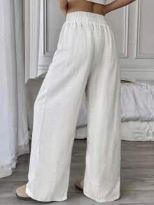 1pc Women's Elastic Waist Wide Leg Long Pants Loungewear - White - View 2