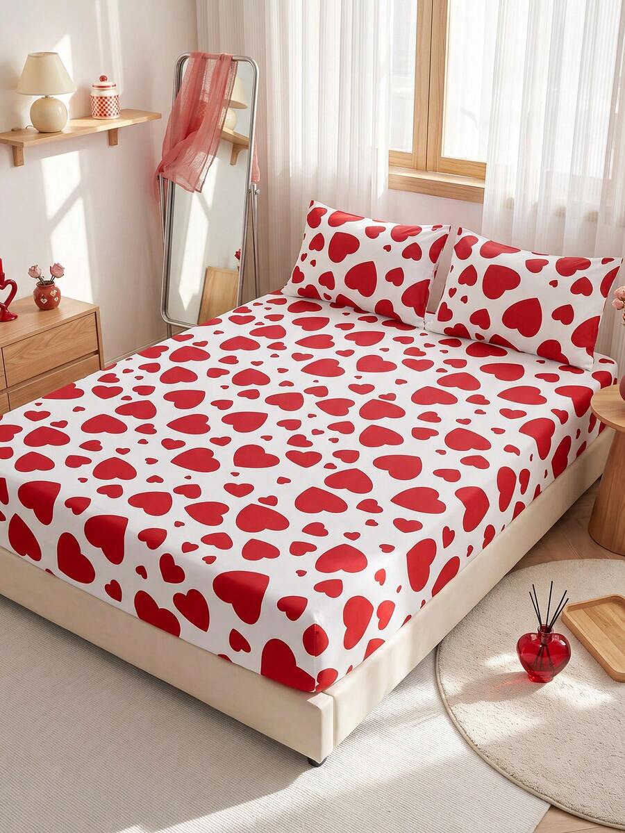 1pc Heart Pattern Fitted Sheet, Mattress Cover, Fitted Sheet, Autumn Bedding, Comfortable Breathable Wrinkle-Resistant, Machine Washable, Twin/Full/Queen/King, Dorm Bedding, All Season, Pillow And Pillowcase Not Included, Bedroom Decor, Autumn Room Decor - Multicolor - View 1