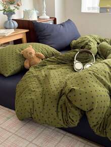 4-Piece Olive Green & Navy Blue Polka Dot Print Bedding Set, Contrast Pillowcase Design, Soft & Comfortable All-Season Bedding Set Including 1 Duvet Cover, 1 Bed Sheet, 2 Pillowcases, No Filling, Suitable For Dorm, Bedroom, Home Use, Multiple Size Options - Olive Green - View 8