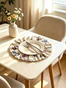 HXARTMIS 4/6/12/24/36PC Vintage Butterfly Print Round Scalloped Edge Placemats, Washable Heat-Resistant Table Mats, Suitable For Home, Party Decoration Dining Table Mats - Beige - View 2