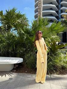 MORI Fall Winter Y2K Yellow 2 Pieces Knit Set Women Button Down Cardigan Sweater Wide Leg Pants Lounge Matching Outfits Vacation Chic Going Out - Light Yellow - View 3