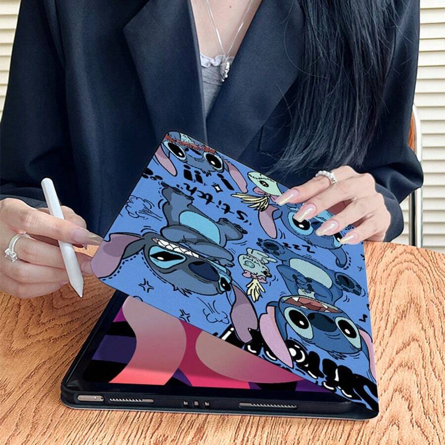 Disney Stitch Tablet Protective Case With Multi-Fold Stand, Flip Cover Design, Heat Dissipation Back Panel, Stain-Resistant And Non-Fading, Unisex, Printed With Stitch Cartoon Character On Both Sides, Shockproof And Drop-Resistant, Multiple Folding Methods Provide Different Viewing Angles, Artistic Design, Suitable For IPad/Air/Pro Models - Blue - View 1