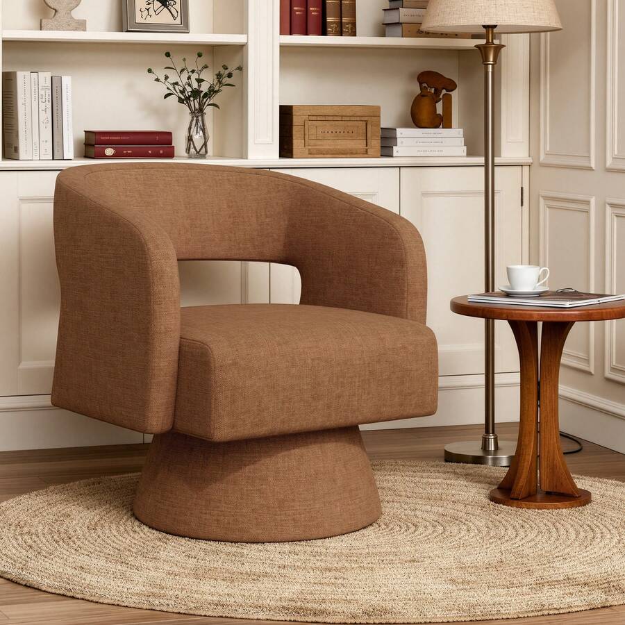 Nalupatio Swivel Barrel Accent Chair,Oversized Upholstered Round Swivel Chair With Wooden Base,Modern Luxury 360 Degree Swivel Vanity Chair For Bedroom Office Living Room,Brown-Chenille