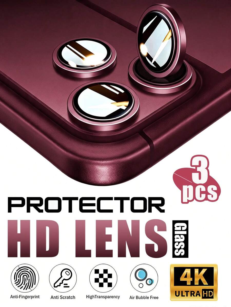 [2026新款] 9H航空級鋼化玻璃相機鏡頭保護貼，適用於 18 Pro Max/18 Pro，隱形貼合，防鏡頭凸起保護，高清晰透明，金屬環，無氣泡易安裝，可搭配手機殼使用（酒紅）3片/包 - 酒紅色 - 查看 1