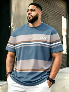 Plus Size Men's Vintage Striped Crew Neck T-Shirt, Summer Casual Streetwear - Multicolor - View 3