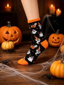 Halloween 4 Pairs Novelty Crew Socks Spooky Ghost Dancing Skeleton Pumpkin Graphic Mid Length Holiday Party Dress Up Socks - Multicolor - View 4
