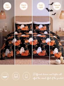 2pcs/3pcs Black Background Cute Ghosts Picking Pumpkins Halloween Style Digital Printed Bedspread Set (1 Duvet Cover + 1/2 Pillowcases Without Insert) Suitable For Daily Use, Made Of Polyester And Other Synthetic Fibers, Soft And Comfortable For Skin - Multicolor - View 8