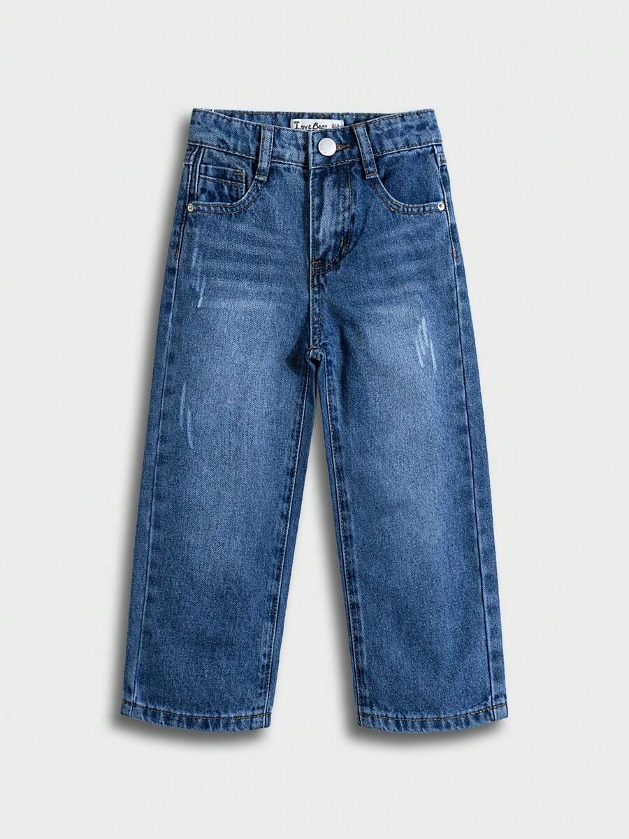 Jeans azul medio para niño con cintura ajustable y acabado desgastado