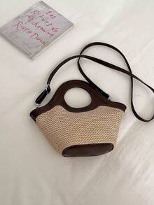 Women's Large Capacity Straw Woven Handbag, New Summer Vacation Style, Versatile Textured Crossbody Bucket Bag - Brown - View 3