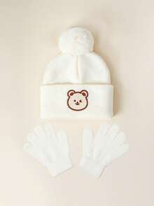 1set Bear Baby Pom-Pom Beanie White Hat Gloves Set, Cozy Knit Winter Warm Heart Cute Hat For Kids, Outdoor Accessory,Winter Baby Hat - Multicolor - View 4