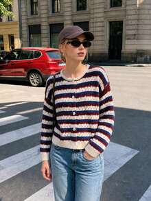 Women Fashion Hollow Out Striped Knitted Fall Loose Fit Long Sleeve Cardigan - Blue - View 1