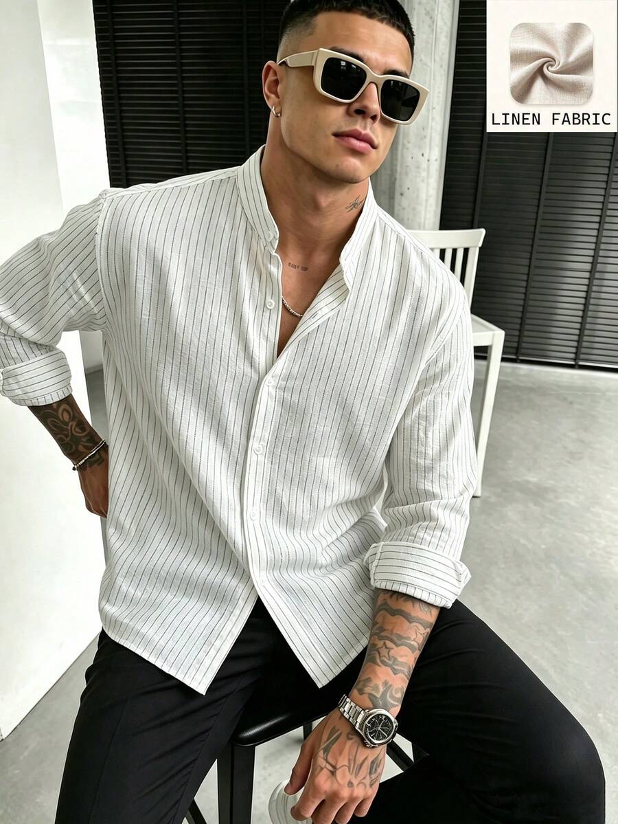 WAIT HIM Men's Casual Striped Long Sleeve Shirt