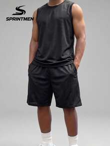 2pcs/Set Men's Black Mesh Sleeveless Tank Top + Loose Shorts, Men's Sportswear Set, Men's Lightweight Breathable Soft Fabric Fitness Workout Outfit, Suitable For Summer Running, Basketball, Machine Washable - Black - View 7