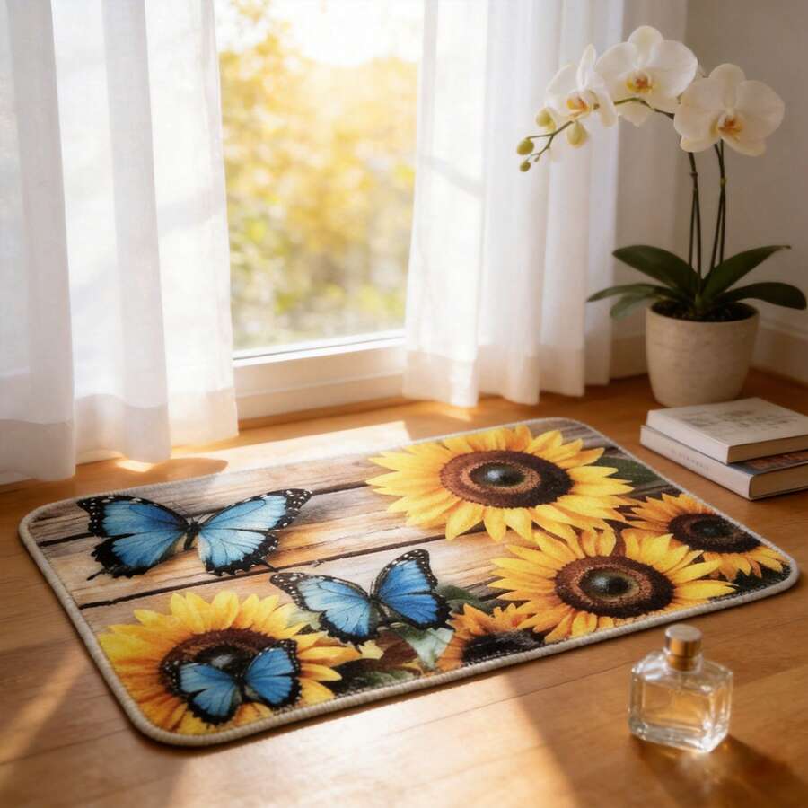 1pc Sunflower Blue Butterfly Faux Cashmere Bedside Rug, Nordic Pastoral Style Rectangular Carpet, Soft Quiet No Shedding, Suitable For Living Room Bedside Closet Study Desk Multi-Scene Versatile, All Season Use - Multicolor - View 1