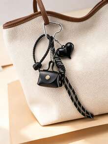 Mini Leather Earbud Case Bag Charm Keychain, Heart Carabiner Braided Striped Tassel Strap, Vintage Small Coin Purse Bags Accessory Gift For Women - Multicolor - View 3