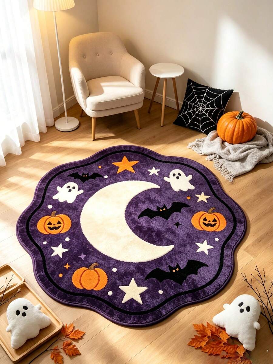 1 tấm thảm tròn màu tím họa tiết trăng, bí ngô, dơi, sao Halloween, thảm trải dưới giường, thảm trang trí nhà cửa, thảm phòng ngủ, thảm nhỏ, thảm phòng khách, thảm nhỏ phòng khách, thảm ngoài trời, tăng phong cách cho ngôi nhà, phù hợp trang trí thêm nét quyến rũ cho gia đình, cải thiện niềm hạnh phúc