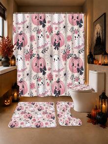 1/4pcs Halloween Pink Cute Ghost Pumpkin Shower Curtain Set, With 12 Hooks Waterproof Polyester Shower Curtain, Bathroom Curtain, Privacy, Thickened, Durable Quick Dry, 180*180cm Size, Halloween Thanksgiving Autumn Harvest Bathroom Decor - A - View 23