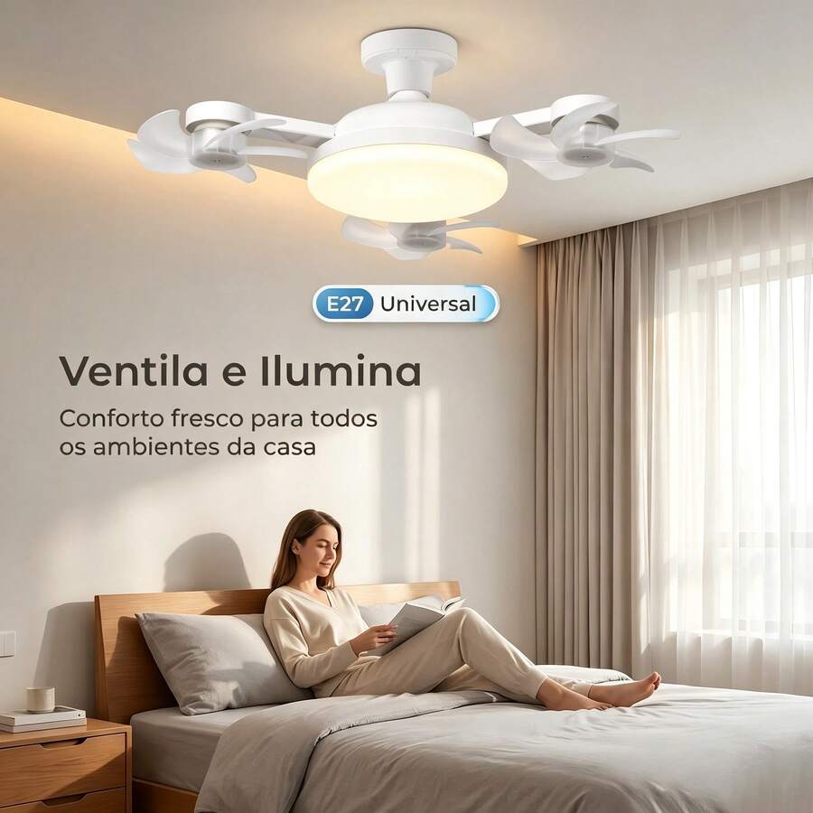 Ventilador de Teto Luminária E27 Ventilação 360°, Controle Remoto, Luz LED Quente e Fria, Silencioso para Quarto Sala de Jantar - Branco - Visão 1