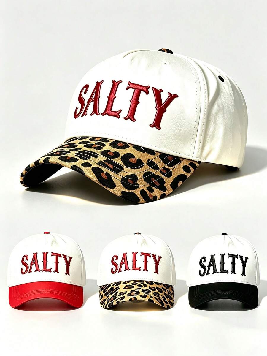 1pc SALTY Letter Embroidered Baseball Cap, Leopard Print Brim Contrast Color Adjustable Casual Sun Hat, Unisex Outdoor Street Style