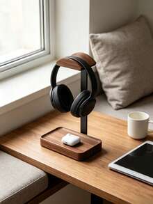 Minimalist Wooden Headphone Stand, Dual Storage Desktop Headphone Organizer, Suitable For Earbuds And Headphones, Minimalist Home Office Decor Desktop Rack - Brown - View 5