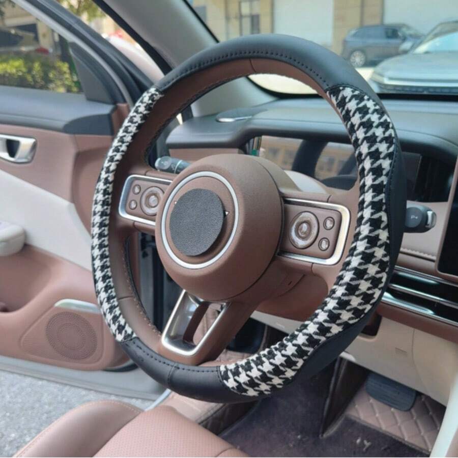 1pc Fashion Houndstooth Pattern Inner Ring Car Steering Wheel Cover, Car Interior Accessories, Car Decoration - Multicolor - View 1
