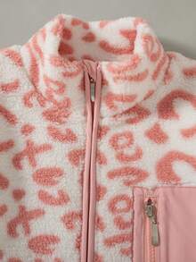 Girls' Casual Pink Leopard Print Fleece Stand Collar Jacket, Autumn/Winter - Pink - View 3