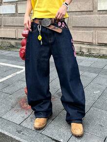 Streetwear-jeans i denim med plomblomsbrodyr för tonåringar - Marinblå - Visa 3