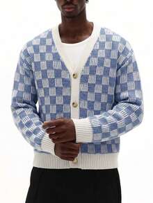 YONGC Men's Autumn/Winter New Fashion V-Neck Long Sleeve Button-Up Contrast Color Checkerboard Knit Cardigan, Minimalist Casual Versatile Commute Checkerboard Knit Top, Street American Retro Relaxed Style - Blue and White - View 6