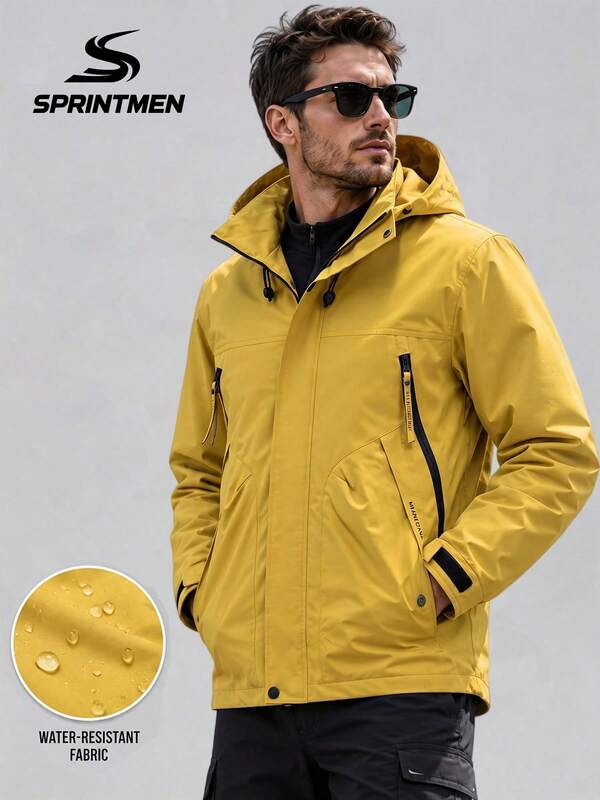 1 buah Jaket Windbreaker Pria Warna Kuning Mustard dengan Tudung, Jaket Serbaguna Pria, Jaket Pria, Jaket Windbreaker Pria, Desain Saku Besar dengan Resleting Anti-Hilang, Sporty, Dapat Dicuci dengan Mesin, Jaket Fungsional untuk Hiking di Luar Ruangan, Atasan Pakaian Pria Sehari-hari yang Nyaman