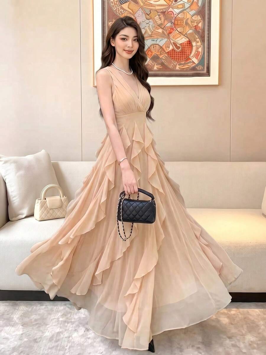 Women's New Solid Color Elegant Elegant Charming Sexy Multi-Layer Ruffle Patchwork Design Waist-Cinching Slimming Dress - Apricot - View 1