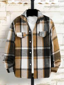 Tween Boy Spring/Summer Non-Down Casual Commuter Fashion Versatile Plaid Casual Shirt - Brown - View 2