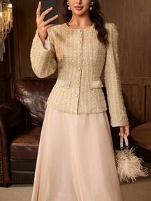 Bộ 2 món áo khoác tweed đính sequin thanh lịch cho nữ và chân váy dài, cổ tròn, viền tương phản đính cúc, phù hợp đi làm hàng ngày, văn phòng, tiệc tùng, chất liệu mềm - Màu be - Xem 6
