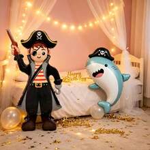 2pcs Standing Large Base Pirate Man & Pirate Shark Shaped Balloons, Suitable For Birthday Party Celebration Decoration, Holiday Party Atmosphere Decoration, Indoor Outdoor Room Scene Arrangement - View 3