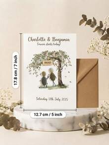 Custom Pebble Couple Engagement Greeting Card, Personalized Names & Date & Text, Tree Scene Keepsake Card, Romantic Gift For Proposal, Engagement Party, Sweet Art Card To Celebrate Newly Engaged Couple - Multicolor - View 3