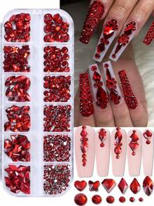 12-Grid Red Iridescent Resin Nail Art Rhinestones, Mixed Heart Butterfly Cat Eye Diamond Crystals In Multiple Sizes Flat Back Round, 3D Shiny Luxury Nail Decor, Suitable For Acrylic Nail Tips DIY Nail Art Decoration - Red - View 1