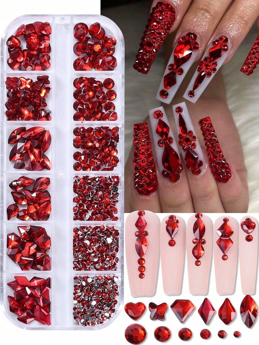 12-Grid Red Iridescent Resin Nail Art Rhinestones, Mixed Heart Butterfly Cat Eye Diamond Crystals In Multiple Sizes Flat Back Round, 3D Shiny Luxury Nail Decor, Suitable For Acrylic Nail Tips DIY Nail Art Decoration - Red - View 1
