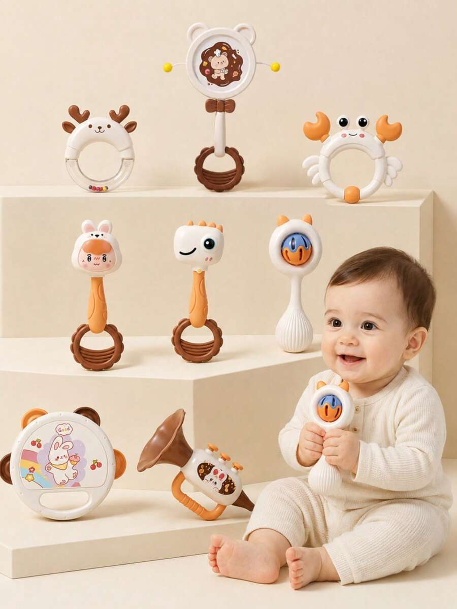 Set Mainan Bayi 8 Buah yang Menenangkan, Termasuk Mainan Kerincingan Tangan, Gendang Tangan, Terompet Mini, dan Mainan Pembelajaran Dini Lainnya, Termasuk Mainan Sensorik untuk Menggenggam, Menggoyang, dan Mengenali Suara untuk Meningkatkan Perkembangan Pendengaran dan Penglihatan, Meningkatkan Kekuatan Genggaman Tangan Bayi, Cocok Sebagai Hadiah Ulang Tahun/Liburan untuk Bayi Baru Lahir dan Balita - MultiWarna - View 1