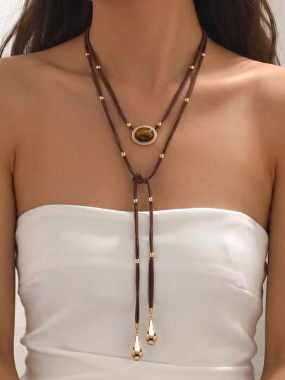 1pc Vintage Brown Double Layer Leather Cord Tiger Eye Stone Ball Pendant With Metal Y-Shaped Necklace, Luxury Layered Necklace For Women, Suitable For Daily Wear, Birthday Gift And Holiday Gift