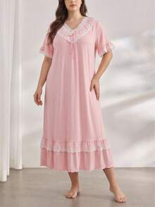 Elegant Plus Size Long Nightgown With Ruffle Hem, Floral Lace Patchwork, Bow V-Neck Design, Comfortable Casual Loose Breathable Sleepwear, Suitable For All Seasons - Pink - View 1