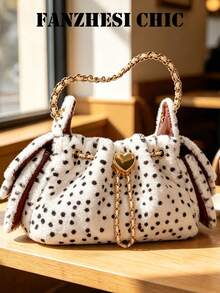 Polka Dot Plush Drawstring Bucket Bag With Heart Metal Lock Chain Handbag, Ruffle Edges On Both Sides, Sweet Girl Style Women's Crossbody Small Bag - White - View 6