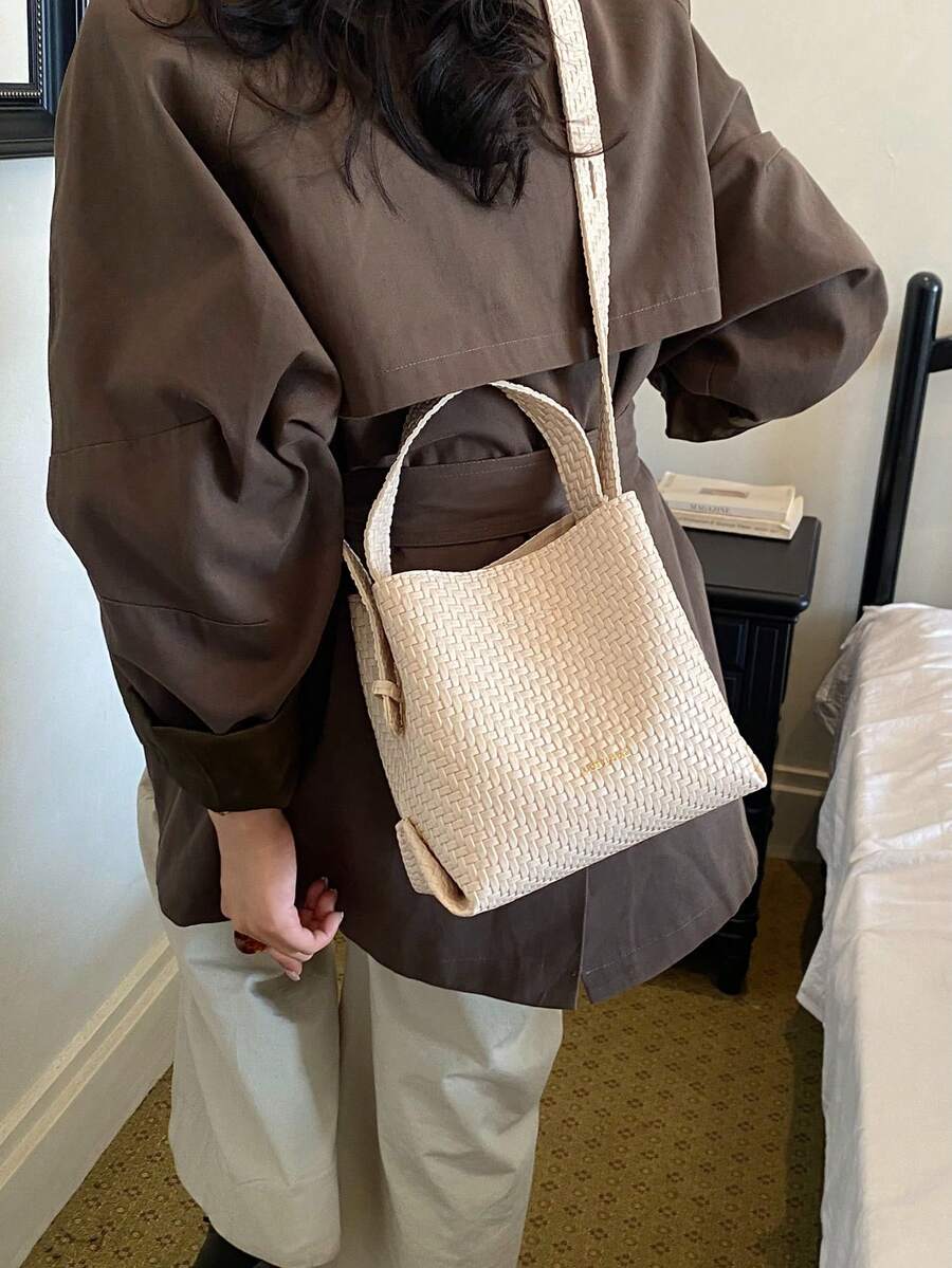 時尚女款極簡棕色迷你水桶手提包,PU材質,復古通勤百搭單肩包、斜挎包,適合女性購物與日常使用 - 米色 - 查看 1